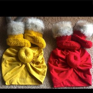 2 Baby Girl Knitted Booties w/ 2 Head Turbans